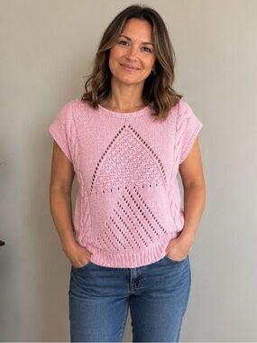 Vintage Willow Run Hand-Knitted Pastel Pink Textured Diamond Sweater Pullover